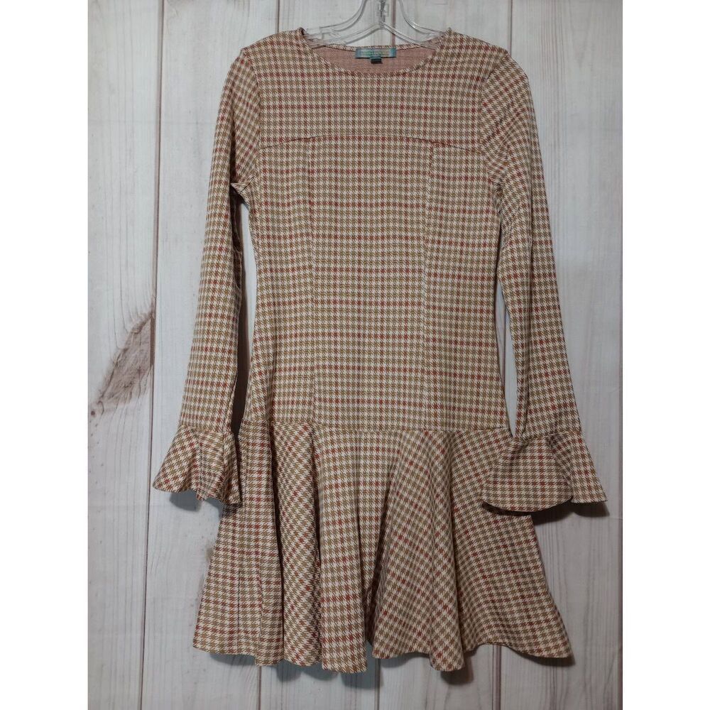 Good‎ Luck Gem Houndstooth Ruffle Mini Dress Tan Orange Long Sleeve MCGD4553 S